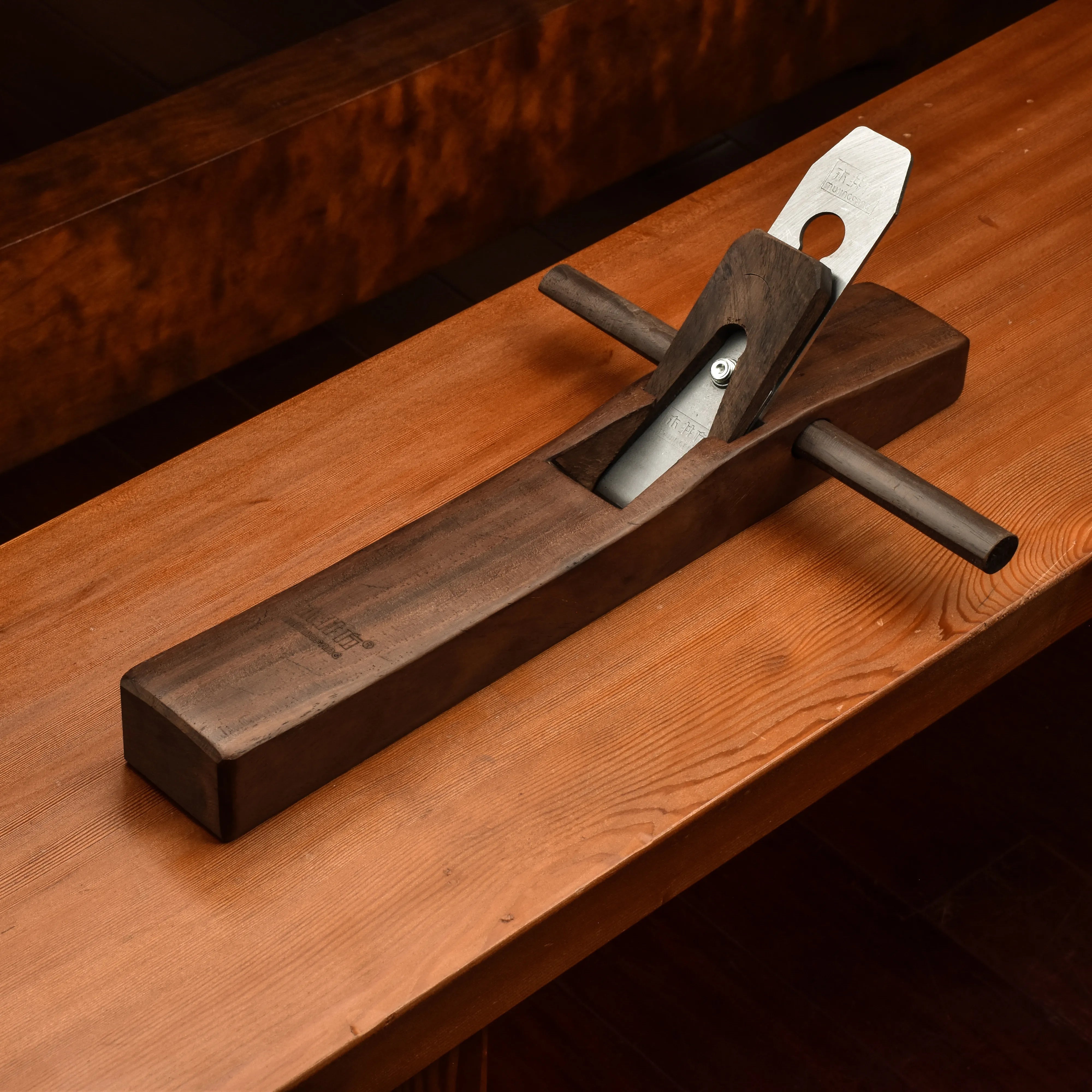 14" Hong Kong-style ebony jack plane with 44 mm HSS blade. Collectible woodworking hand tool.